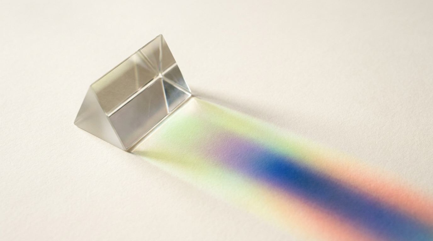 A glass prism refracting a beam of light into a full spectrum