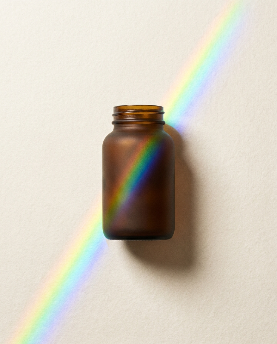 Amber product bottle crossed by a beam of prismatic light